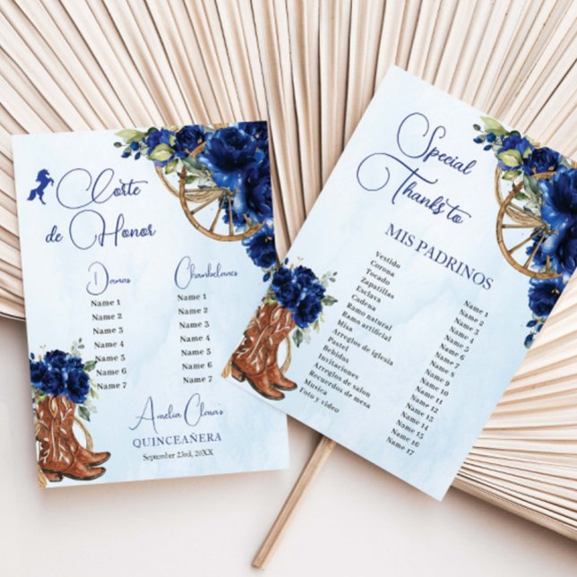 Quinceañera XV 15 Royal Blue Floral Charro Padrino (charro-western-cowboy-horses-royal-blue-floral-flowers-padrinos-list-corte-de-honor-budget-paper)