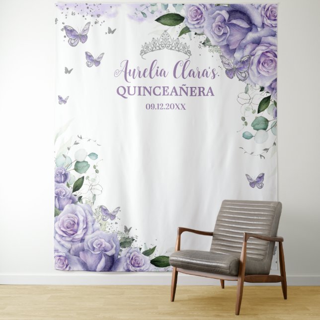 Quinceañera XV 16 Purple Roses Floral Butterflies  Tapestry (In Situ)