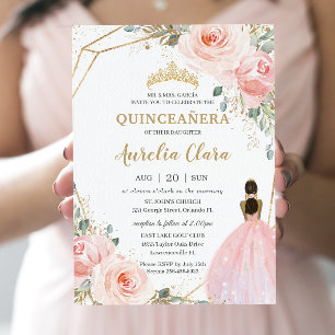 Quinceañera XV Blush Pink Floral Brown Princess Invitation