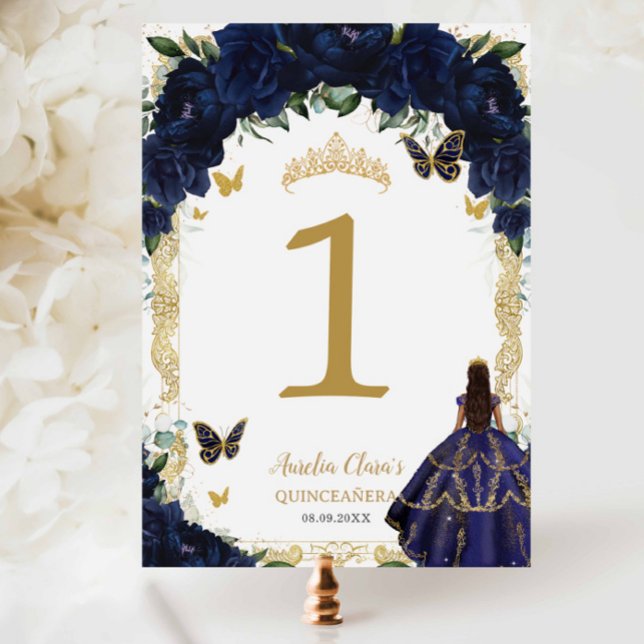 Quinceanera XV Navy Blue Floral Gold Tan Girl Gown Table Number (Creator Uploaded)