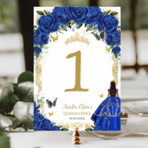Quinceañera XV Royal Blue Floral Gold Girl Dress  Table Number