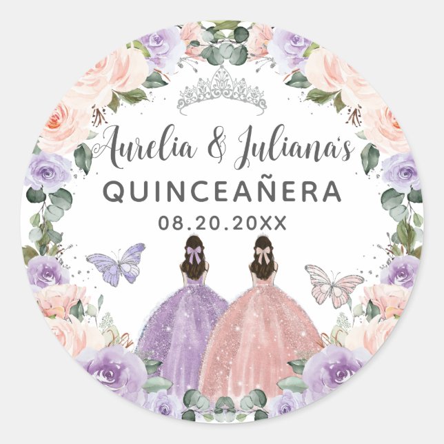 Quinceañera XV Sweet 16 Lilac Blush Floral Twins Classic Round Sticker (Front)