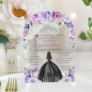 Quinceañera XV Sweet 16 Purple Lilac Floral Black Acrylic Invitations