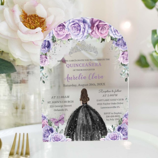 Quinceañera XV Sweet 16 Purple Lilac Floral Black Acrylic Invitations (Creator Uploaded)