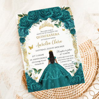 Quinceañera XV Teal Green Floral Princess Dress Invitation