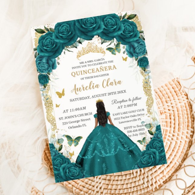 Quinceañera XV Teal Green Floral Princess Dress Invitation (Creator Uploaded)