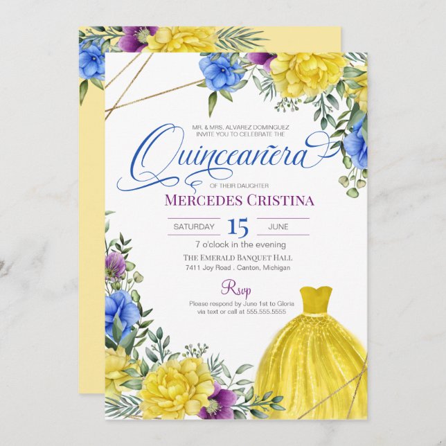 Quinceañera Yellow Dress bright flowers  Invitation (Front/Back)