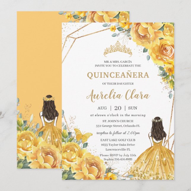 Quinceañera Yellow Floral Gold Princess 15 Anos In Invitation (Front/Back)