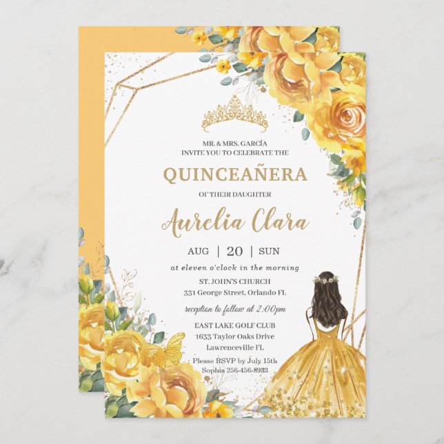 Quinceañera Yellow Floral Gold Princess 15 Anos Invitation (Front/Back)