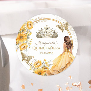 Quinceañera Yellow Floral Gold Tiara Butterfly Classic Round Sticker
