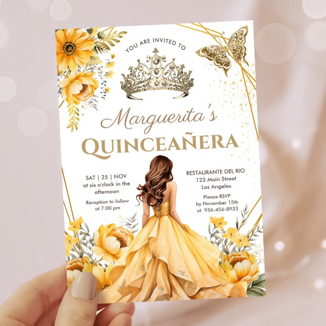 Quinceañera Yellow Floral Gold Tiara Princess Invitation (Creator Uploaded)