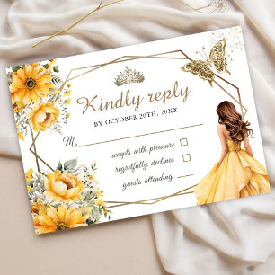 Quinceañera Yellow Floral Gold Tiara Princess Rsvp Card