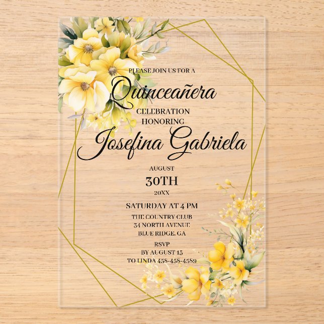 Quinceanera Yellow Gold Acrylic Invitations (Front)