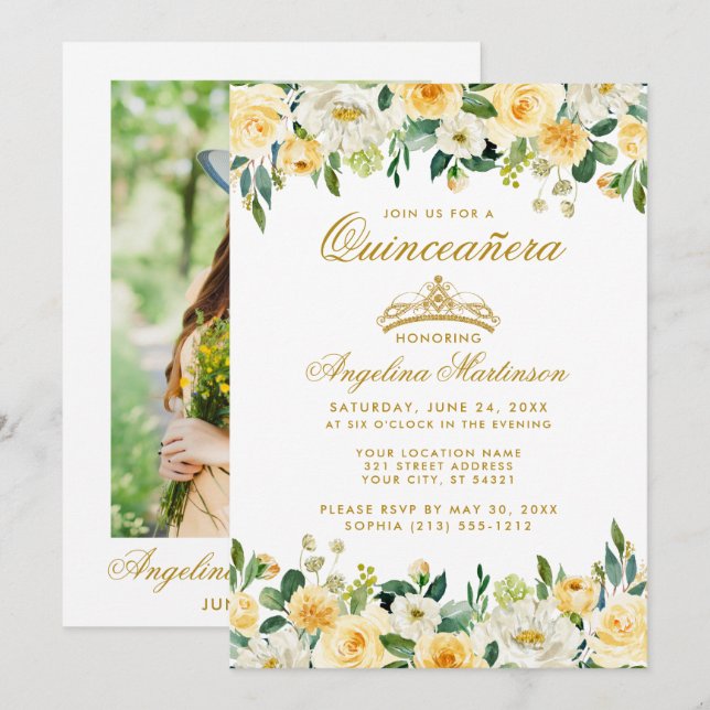 Quinceanera Yellow Gold White Floral Crown Photo Invitation (Front/Back)