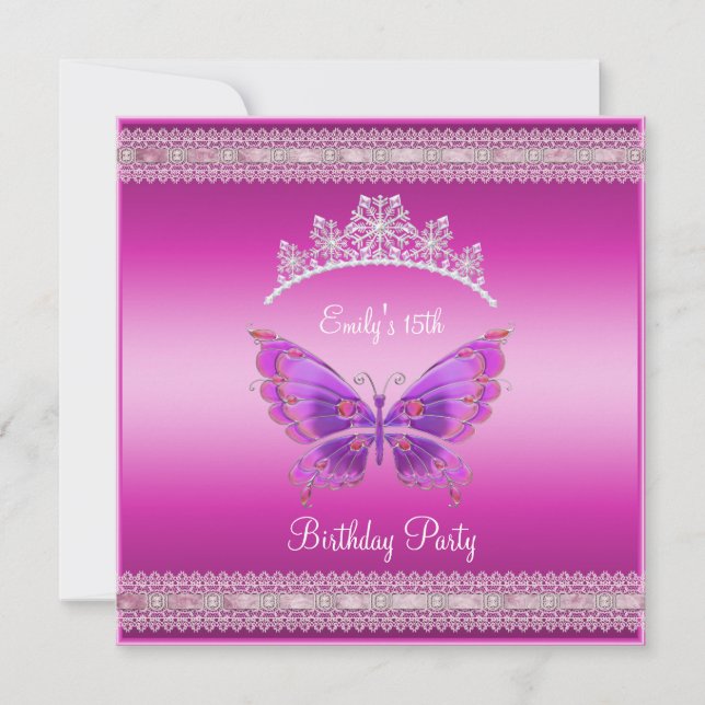 Quincenera 15th Fushia Pink Silver Tiara Butterfly Invitation (Front)