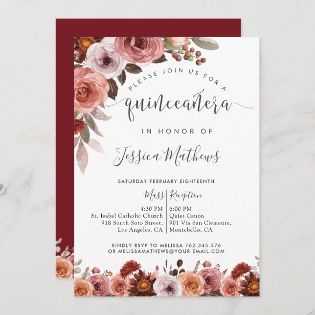 Quinceñera Burgundy and Blush Floral Invitation (Front/Back)
