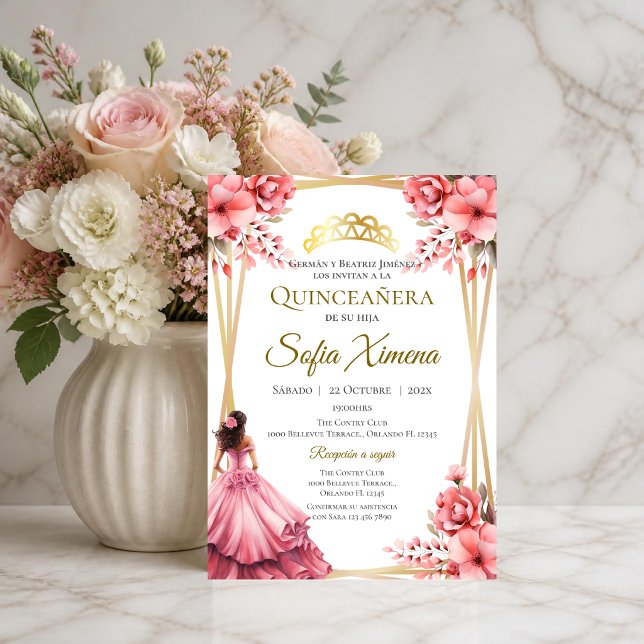 Quincenera Invitation in Spanish Pink Floral (Creator Uploaded)