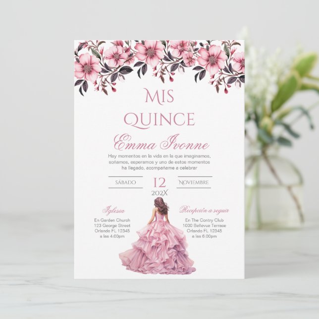 Quinceñera Invitation in Spanish Pink Floral (Standing Front)