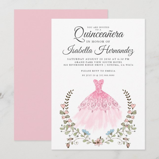 Quineanera Gown Dress Floral Pink Invitation (Front/Back)