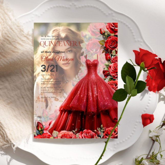 Quintencera Glam Red Dress Party Invite Vellum Invitations (Creator Uploaded)