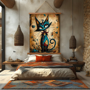 Quirky Abstract Cat Character Art Hanging Tapestry