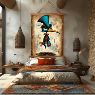 Quirky Abstract Penguin Character Art Hanging Tapestry