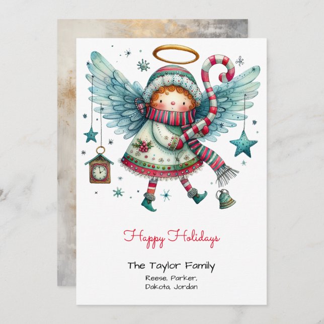 Quirky Angel Illustration Happy Holidays Holiday Card (Front/Back)