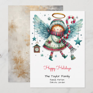 Quirky Angel Illustration Happy Holidays Red Holiday Card