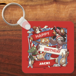 Quirky Animal Fans Personalised Birthday Cartoon Key Ring