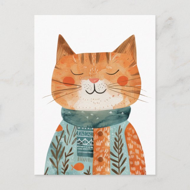 Quirky Anthropomorphic Cat Watercolor Illustration Postcard (Front)