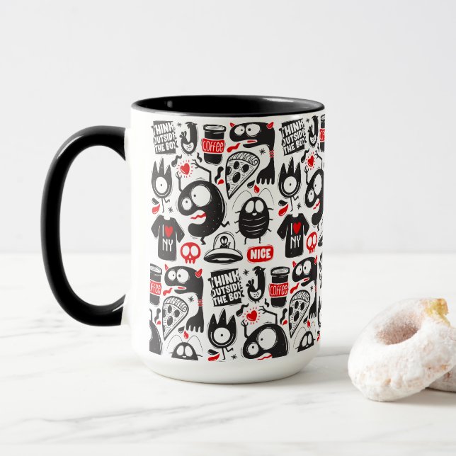 Quirky Black and Red Monster Doodles Mug (With Donut)