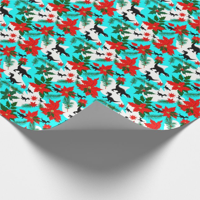 Quirky Black Dinosaurs and Poinsettias Christmas Wrapping Paper (Corner)