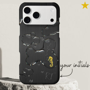 Quirky Black Metal Water Drops Seahorse Monogram