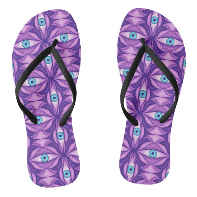 Quirky Blue Eyes In Mystical Purple Pattern Jandals (Footbed)
