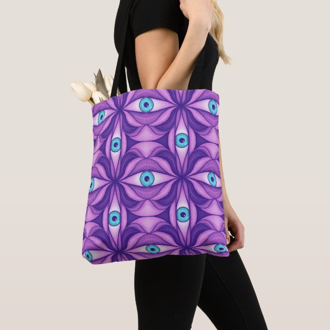 Quirky Blue Eyes In Mystical Purple Pattern Tote Bag (Close Up)