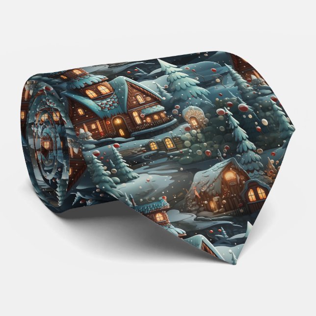 Quirky Blue Gingerbread House Pattern Tie (Rolled)