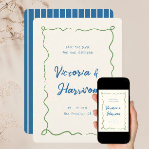 Quirky Blue Hand Drawn Wavy Squiggle Border  Save The Date