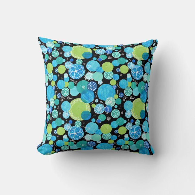 Quirky Blue Moons on Black Pattern Cushion (Front)