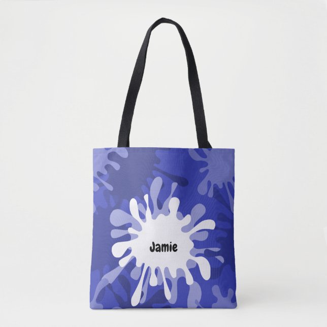 Quirky Blue Painting Splatter Name Tote Bag (Front)