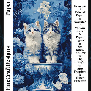 Quirky Blue & White Kittens Floral CP7 Craft Paper