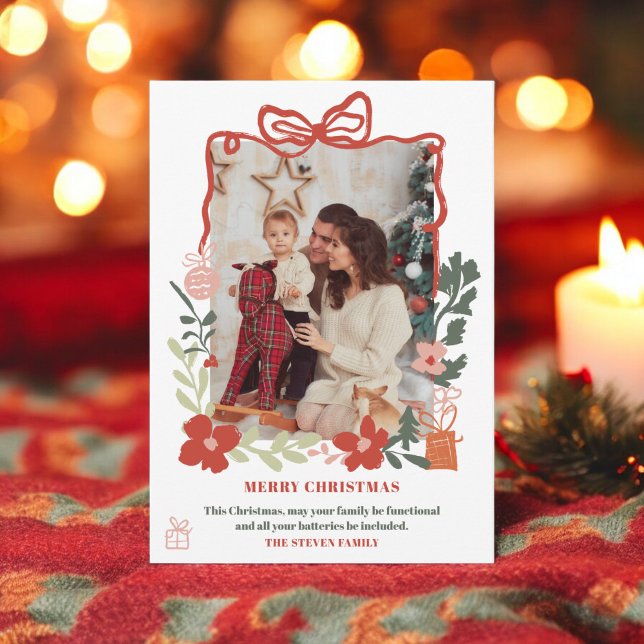 Quirky bow floral trendy Merry Christmas photo Holiday Card (Quirky bow floral trendy Merry Christmas photo Holiday Card)