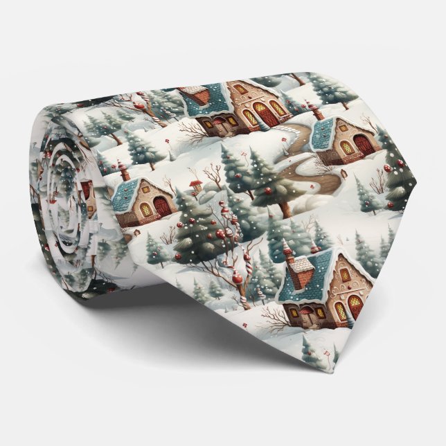Quirky Brown and Blue Gingerbread House Pattern Tie (Rolled)
