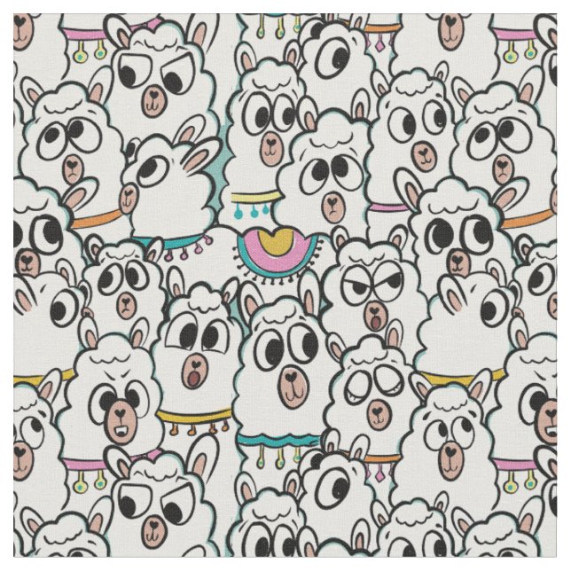 Quirky Cartoon Llama Herd Doodle Fabric (Close Up)