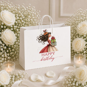 Quirky Cartoon Woman Deep Red Script Birthday gift Large Gift Bag