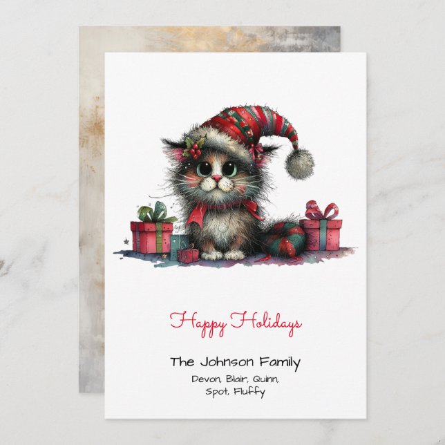 Quirky Cat in a Santa Hat Happy  Holiday Card (Front/Back)