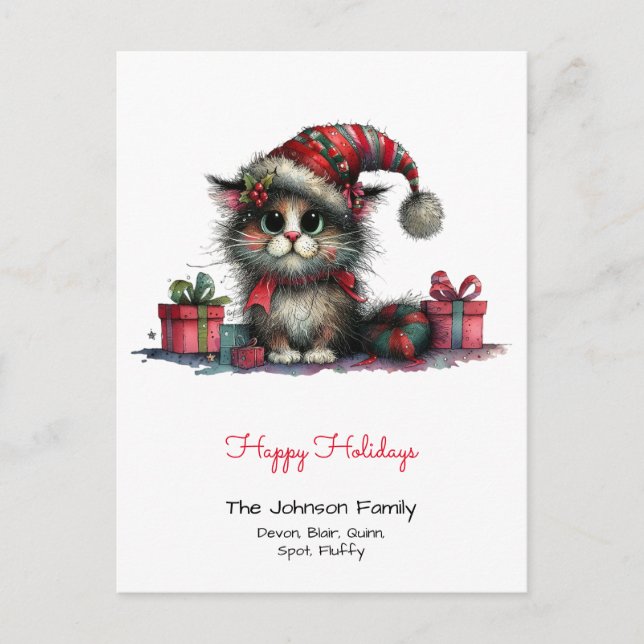 Quirky Cat in a Santa Hat Happy Holidays  Postcard (Front)