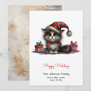 Quirky Cat in a Santa Hat Red Happy Holiday Card