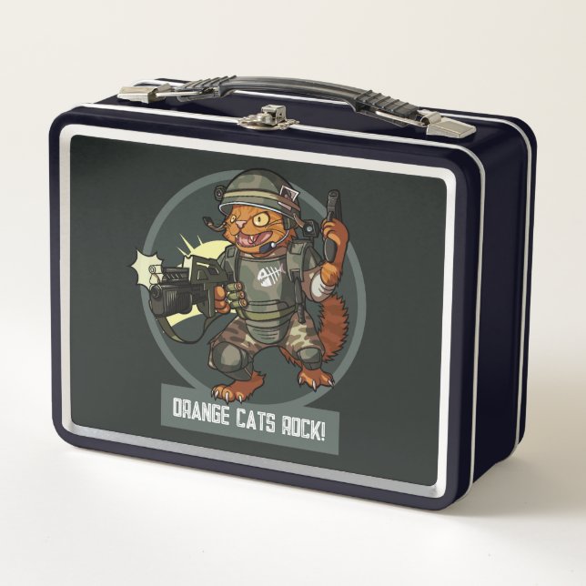 Quirky Cat Marine Orange Cats Rock! Artwork Metal Lunch Box (Front)
