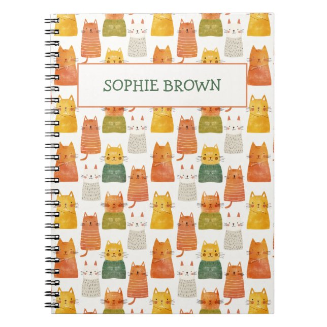 Quirky Cat Pattern with Name Cute Notebook (Front)