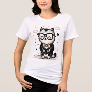 Quirky Cat Reading Book T-Shirt –Hand-Drawn Sketch Tri-Blend Shirt